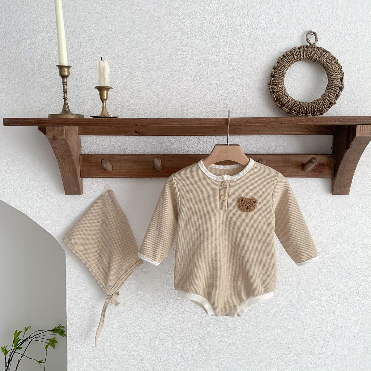 Ensemble Bébé 3 Pièces en Coton – Combinaison à Manches Longues + Bonnet – Printemps & Automne (0 à 12 mois)