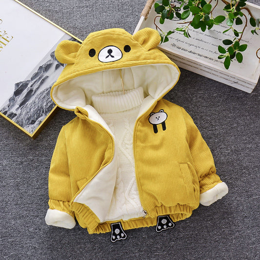 Adorable Bear Hooded Baby Girl Jacket – Lightweight Spring Corduroy Coat