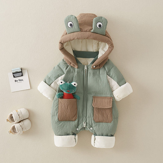 🐸 Baby Boy Fleece-Lined Winter Jumpsuit – Frog Design Hooded Coveralls