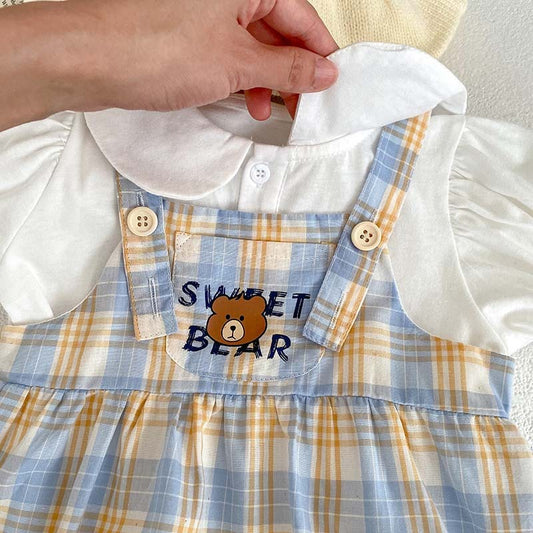 Baby Bear Plaid Cotton Romper Set – Korean Style 2-Piece Summer Outfit for Boys & Girls (66–90cm)