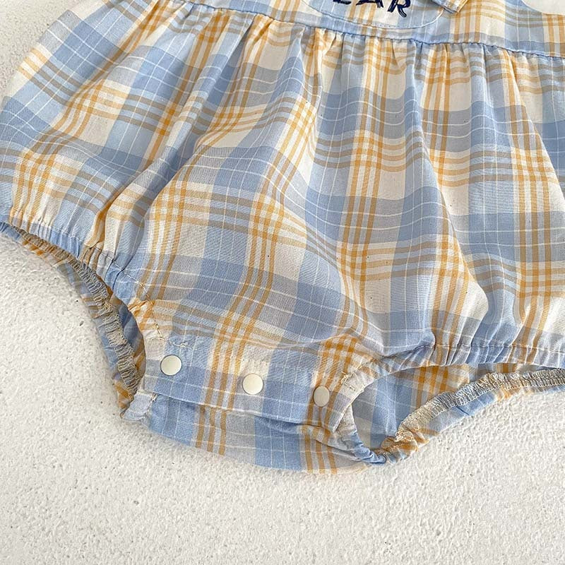 Baby Bear Plaid Cotton Romper Set – Korean Style 2-Piece Summer Outfit for Boys & Girls (66–90cm)