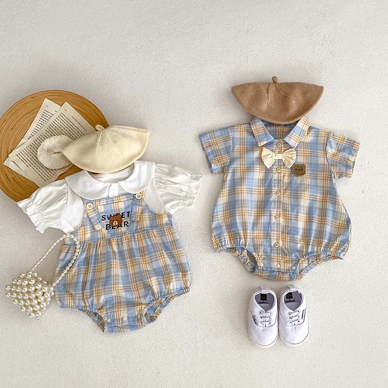 Baby Bear Plaid Cotton Romper Set – Korean Style 2-Piece Summer Outfit for Boys & Girls (66–90cm)