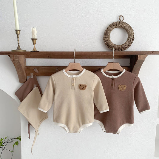 Ensemble Bébé 3 Pièces en Coton – Combinaison à Manches Longues + Bonnet – Printemps & Automne (0 à 12 mois)