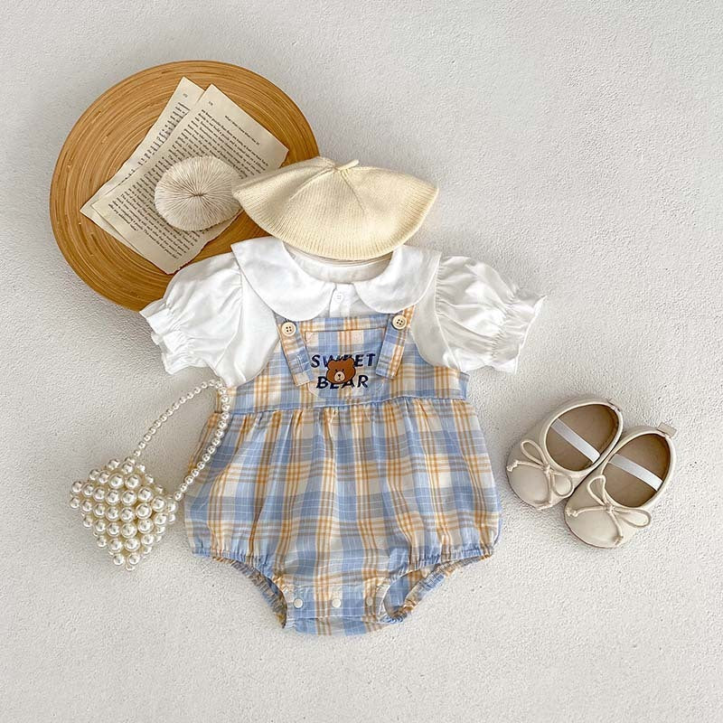 Baby Bear Plaid Cotton Romper Set – Korean Style 2-Piece Summer Outfit for Boys & Girls (66–90cm)