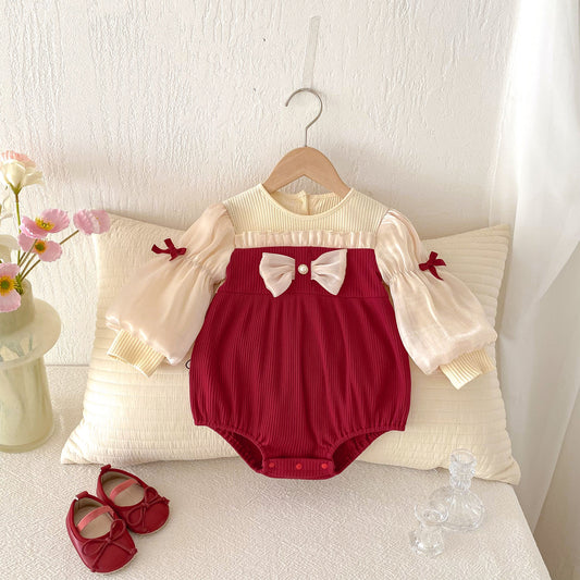 Baby Girl Bow Jumpsuit – Puff Sleeve Romper for Newborns
