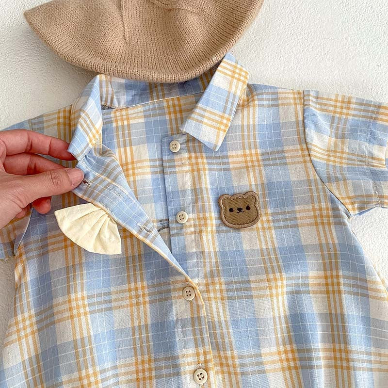 Baby Bear Plaid Cotton Romper Set – Korean Style 2-Piece Summer Outfit for Boys & Girls (66–90cm)