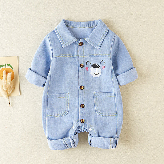 Spring & Autumn Baby Denim Jumpsuit – Soft Cotton Long Sleeve Romper with Bear Embroidery | Cute Baby Outfit for Boys & Girls (66–90cm)