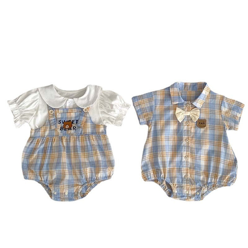 Baby Bear Plaid Cotton Romper Set – Korean Style 2-Piece Summer Outfit for Boys & Girls (66–90cm)
